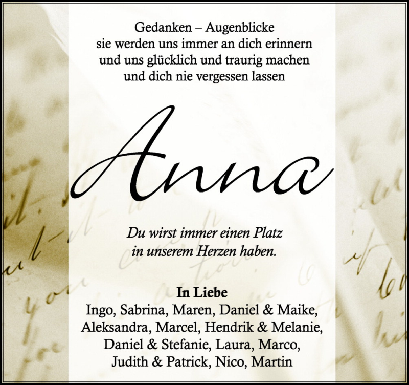  Traueranzeige für Anna-Katharina Wunrau vom 06.07.2011 aus Neue Osnabrücker Zeitung GmbH & Co. KG
