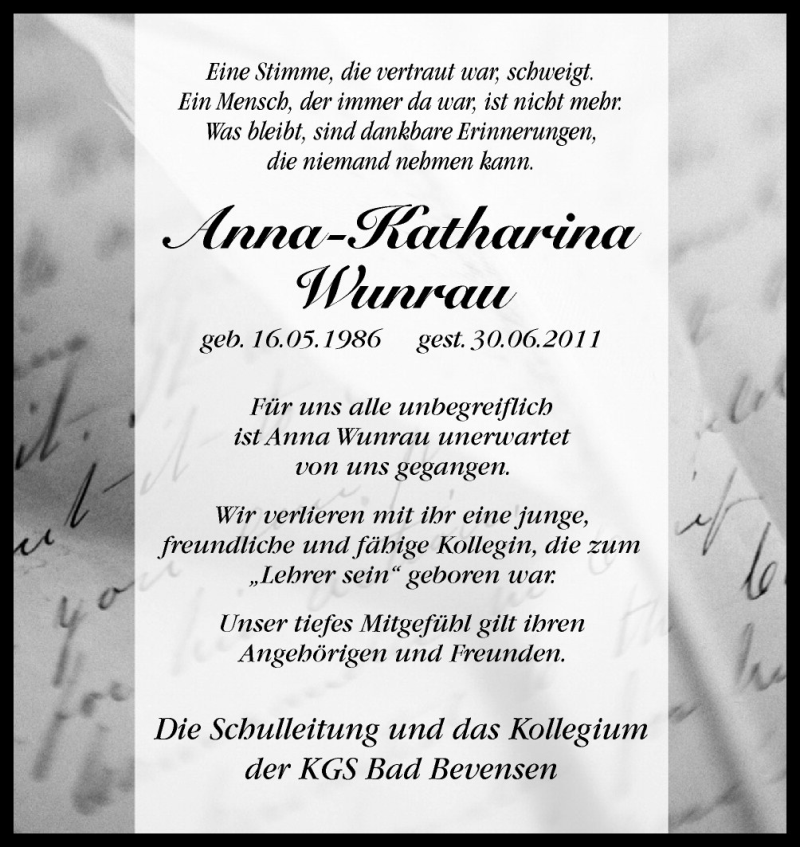  Traueranzeige für Anna-Katharina Wunrau vom 07.07.2011 aus Neue Osnabrücker Zeitung GmbH & Co. KG