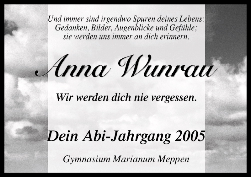  Traueranzeige für Anna-Katharina Wunrau vom 11.07.2011 aus Neue Osnabrücker Zeitung GmbH & Co. KG