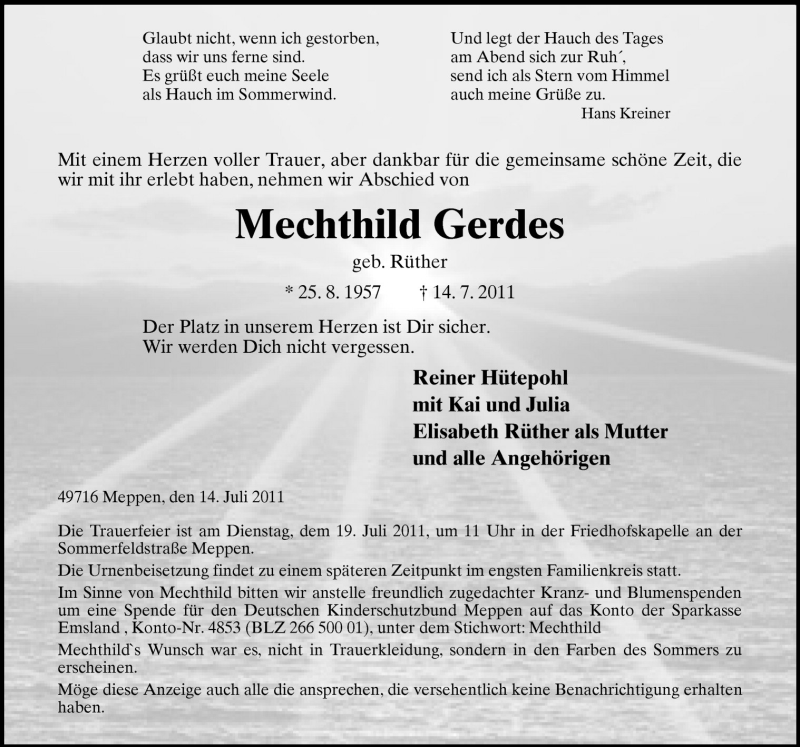  Traueranzeige für Mechthild Gerdes vom 16.07.2011 aus Neue Osnabrücker Zeitung GmbH & Co. KG