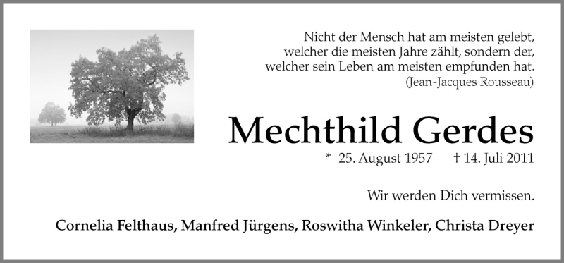  Traueranzeige für Mechthild Gerdes vom 19.07.2011 aus Neue Osnabrücker Zeitung GmbH & Co. KG