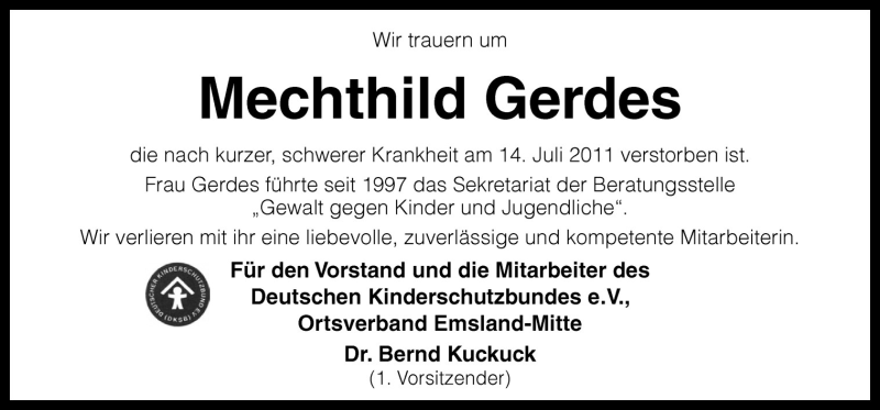  Traueranzeige für Mechthild Gerdes vom 19.07.2011 aus Neue Osnabrücker Zeitung GmbH & Co. KG