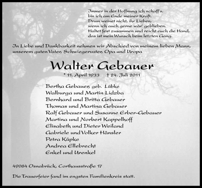  Traueranzeige für Walter Gebauer vom 30.07.2011 aus Neue Osnabrücker Zeitung GmbH & Co. KG