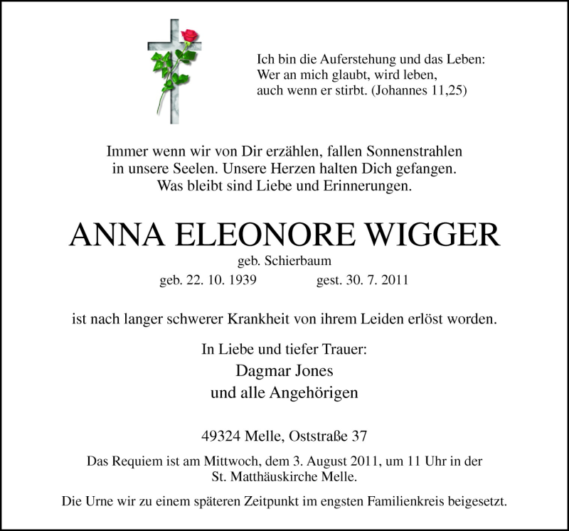  Traueranzeige für Anna Eleonore Wigger vom 02.08.2011 aus Neue Osnabrücker Zeitung GmbH & Co. KG