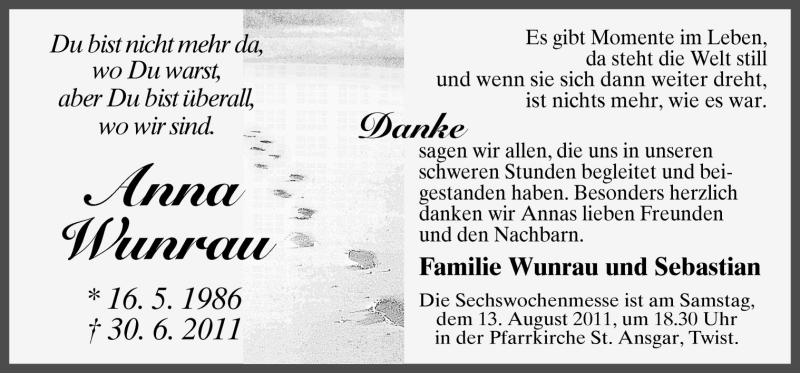  Traueranzeige für Anna-Katharina Wunrau vom 10.08.2011 aus Neue Osnabrücker Zeitung GmbH & Co. KG
