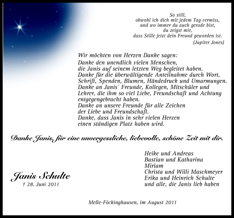  Traueranzeige für Janis Schulte vom 06.08.2011 aus Neue Osnabrücker Zeitung GmbH & Co. KG
