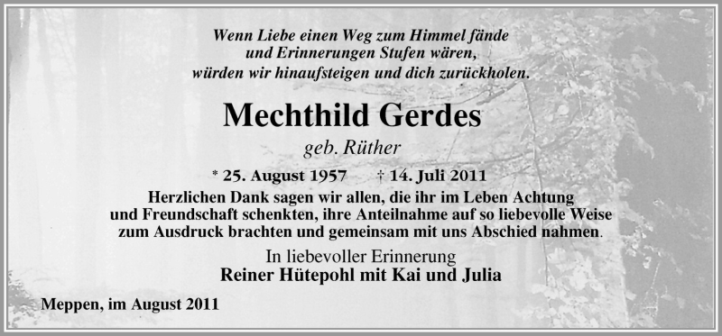  Traueranzeige für Mechthild Gerdes vom 20.08.2011 aus Neue Osnabrücker Zeitung GmbH & Co. KG