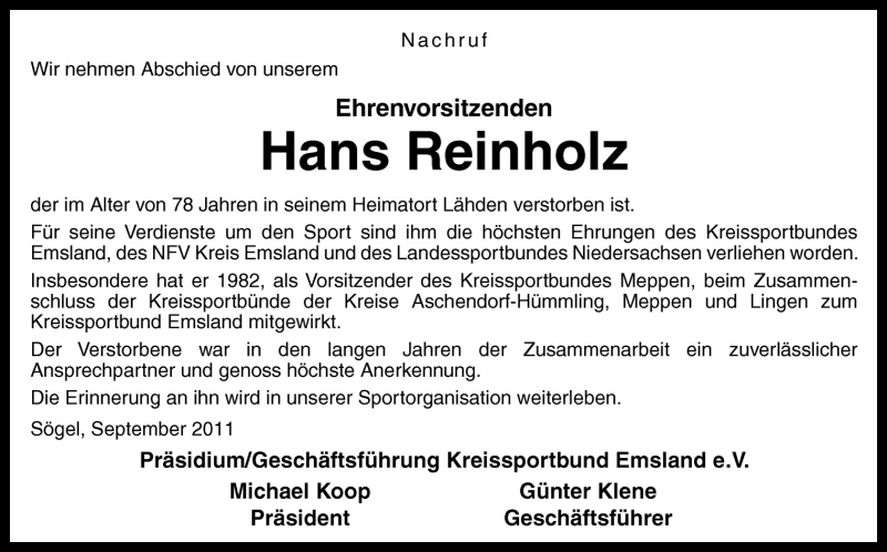 Traueranzeige für Hans Reinholz vom 28.09.2011 aus Neue Osnabrücker Zeitung GmbH & Co. KG