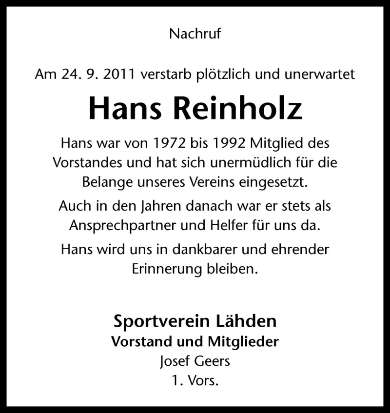  Traueranzeige für Hans Reinholz vom 29.09.2011 aus Neue Osnabrücker Zeitung GmbH & Co. KG