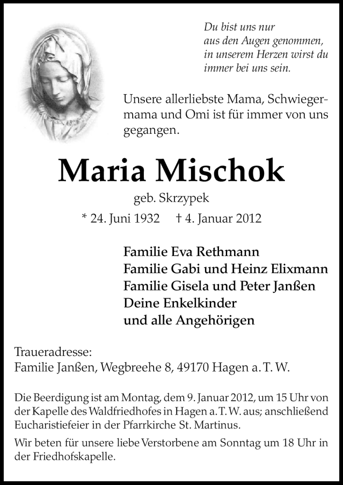  Traueranzeige für Maria Mischok vom 06.01.2012 aus Neue Osnabrücker Zeitung