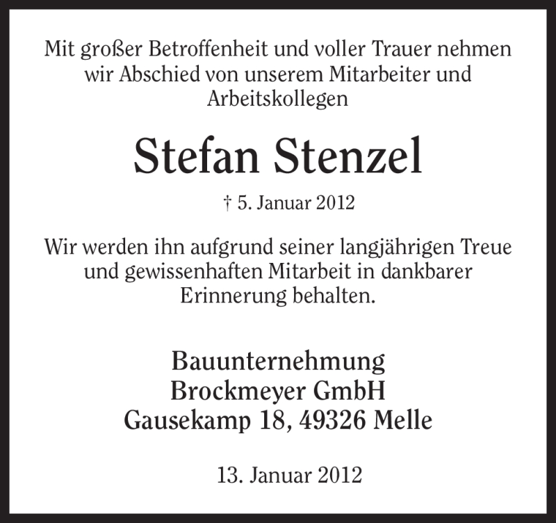  Traueranzeige für Stefan Stenzel vom 13.01.2012 aus Neue Osnabrücker Zeitung