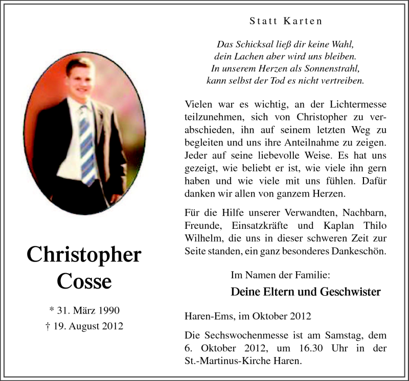  Traueranzeige für Christopher Cosse vom 02.10.2012 aus Neue Osnabrücker Zeitung GmbH & Co. KG