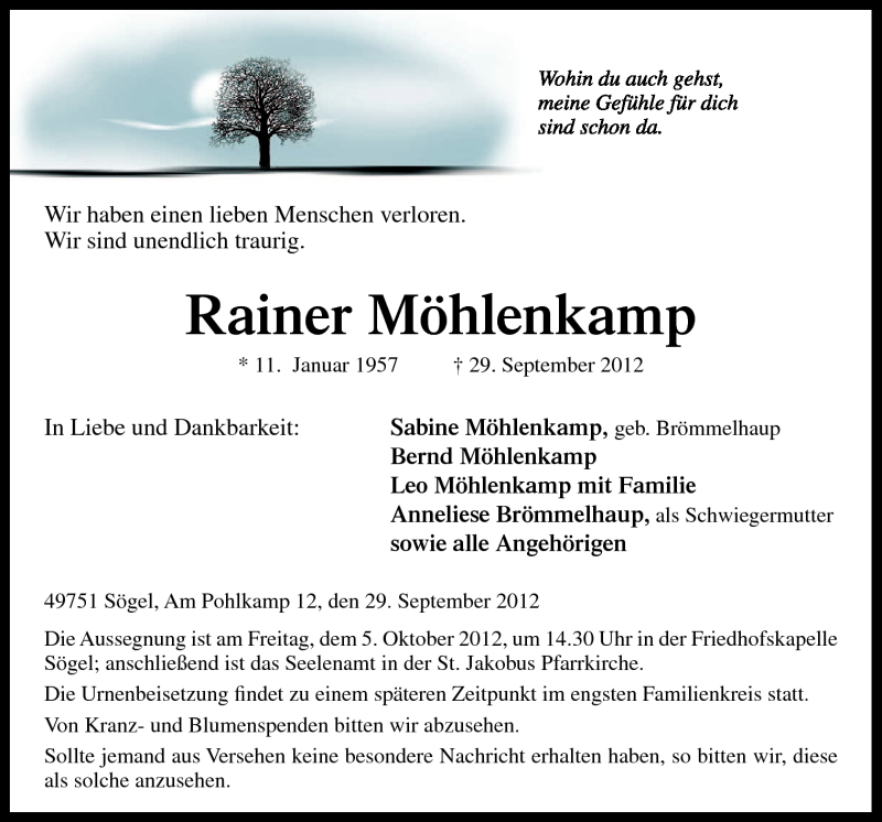  Traueranzeige für Rainer Möhlenkamp vom 01.10.2012 aus Neue Osnabrücker Zeitung GmbH & Co. KG