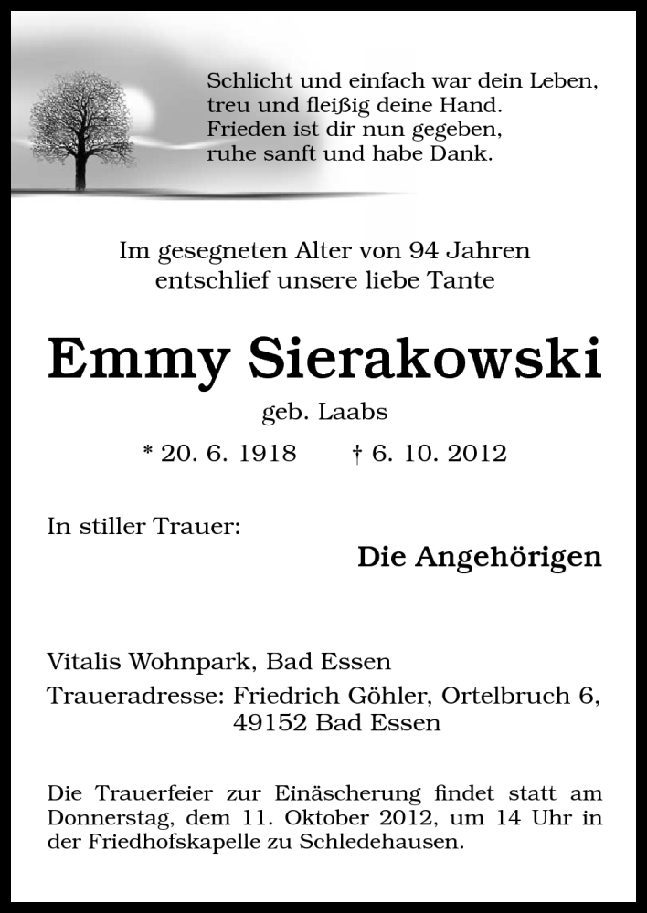 Traueranzeigen Von Emmy Sierakowski Noz Trauerportal