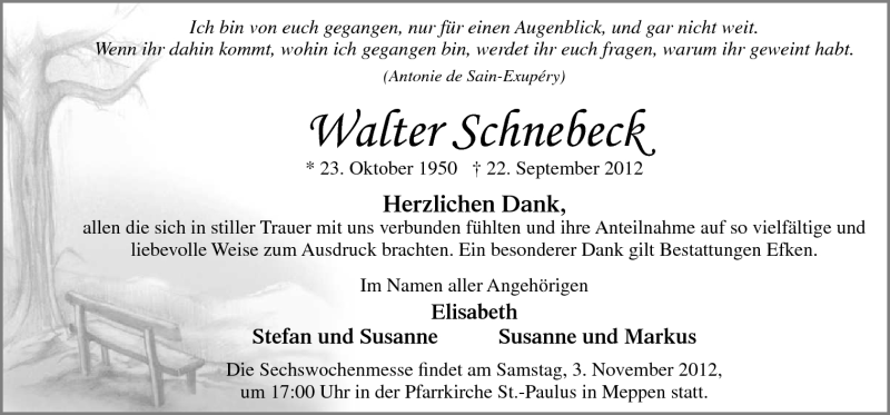  Traueranzeige für Walter Schnebeck vom 27.10.2012 aus Neue Osnabrücker Zeitung GmbH & Co. KG