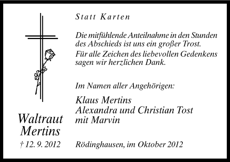  Traueranzeige für Waltraut Mertins vom 20.10.2012 aus Neue Osnabrücker Zeitung GmbH & Co. KG