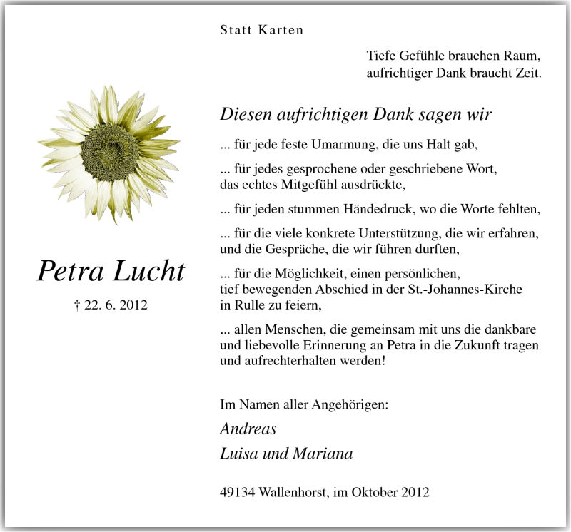  Traueranzeige für Petra Lucht vom 20.10.2012 aus Neue Osnabrücker Zeitung GmbH & Co. KG