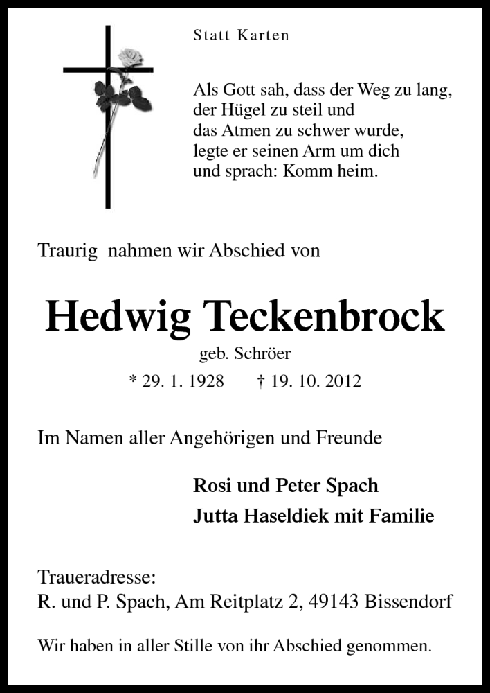  Traueranzeige für Hedwig Teckenbrock vom 27.10.2012 aus Neue Osnabrücker Zeitung GmbH & Co. KG