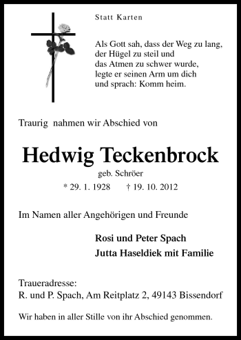 Traueranzeigen Von Hedwig Teckenbrock Noz Trauerportal