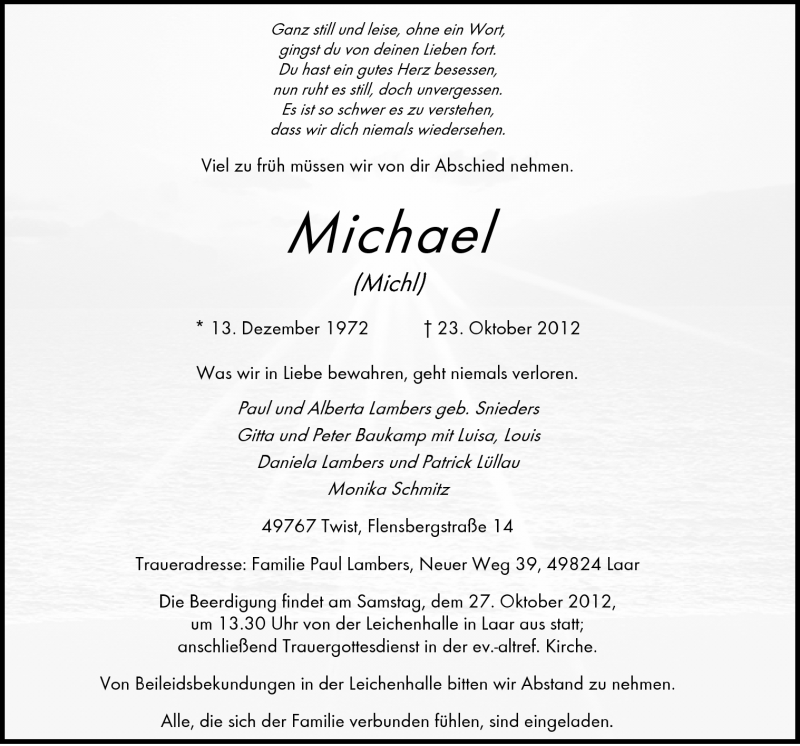  Traueranzeige für Michael Lambers vom 27.10.2012 aus Neue Osnabrücker Zeitung GmbH & Co. KG