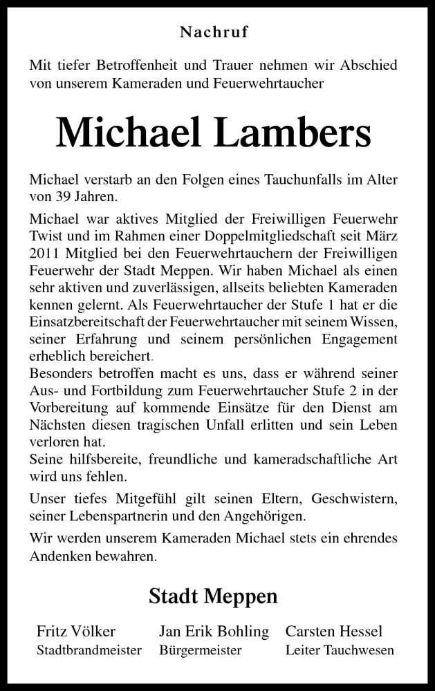  Traueranzeige für Michael Lambers vom 27.10.2012 aus Neue Osnabrücker Zeitung GmbH & Co. KG