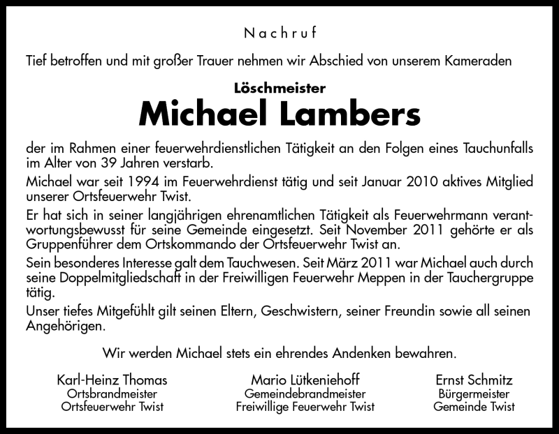  Traueranzeige für Michael Lambers vom 29.10.2012 aus Neue Osnabrücker Zeitung GmbH & Co. KG