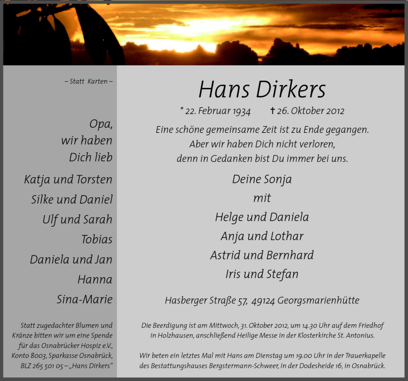  Traueranzeige für Hans Dirkers vom 27.10.2012 aus Neue Osnabrücker Zeitung GmbH & Co. KG