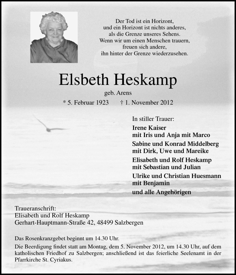  Traueranzeige für Elsbeth Heskamp vom 03.11.2012 aus Neue Osnabrücker Zeitung GmbH & Co. KG