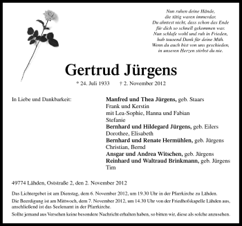 Traueranzeigen von Gertrud Jürgens noz Trauerportal