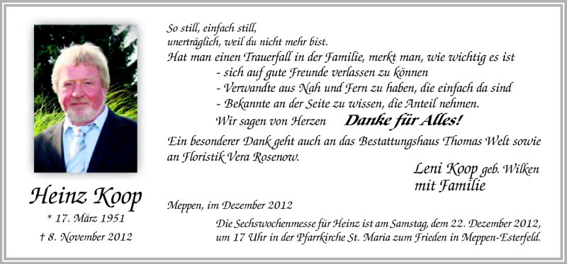 Traueranzeige für Heinz Koop vom 17.12.2012 aus Neue Osnabrücker Zeitung GmbH & Co. KG