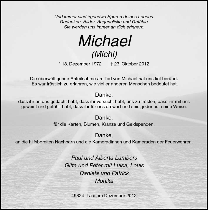  Traueranzeige für Michael Lambers vom 15.12.2012 aus Neue Osnabrücker Zeitung GmbH & Co. KG