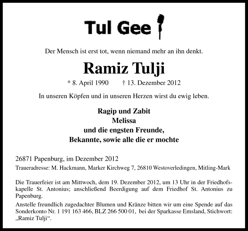  Traueranzeige für Ramiz Tulji vom 17.12.2012 aus Neue Osnabrücker Zeitung GmbH & Co. KG