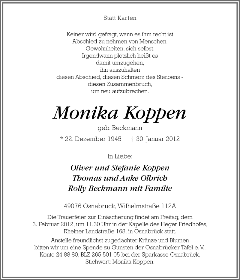  Traueranzeige für Monika Koppen vom 01.02.2012 aus Neue Osnabrücker Zeitung