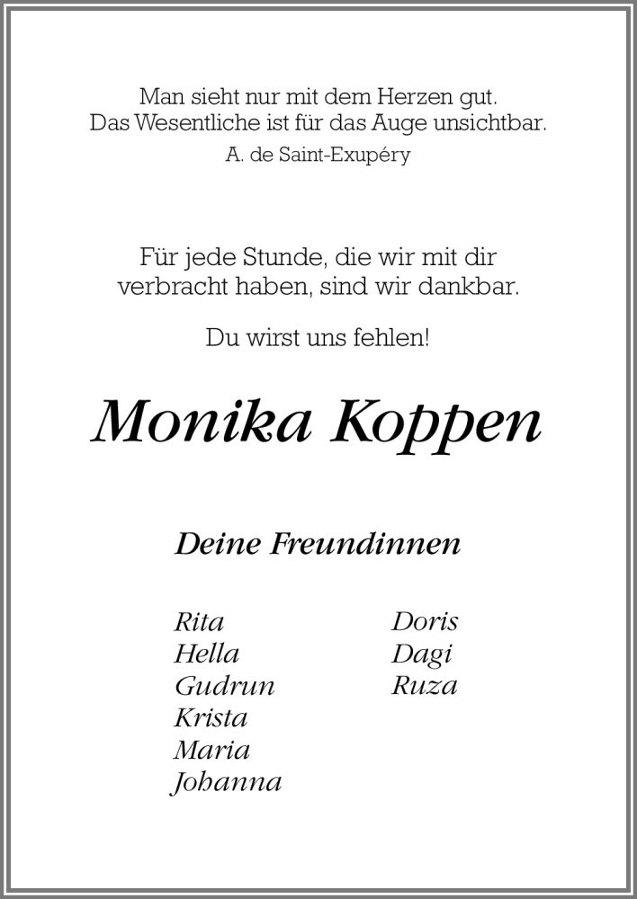  Traueranzeige für Monika Koppen vom 01.02.2012 aus Neue Osnabrücker Zeitung