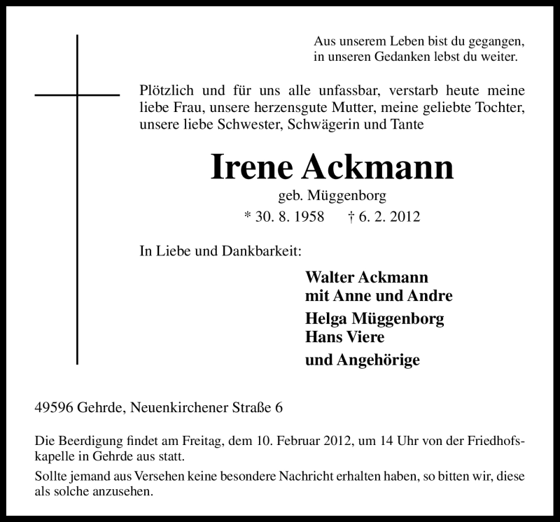  Traueranzeige für Irene Ackmann vom 08.02.2012 aus Neue Osnabrücker Zeitung