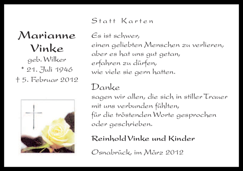  Traueranzeige für Marianne Vinke vom 10.03.2012 aus Neue Osnabrücker Zeitung