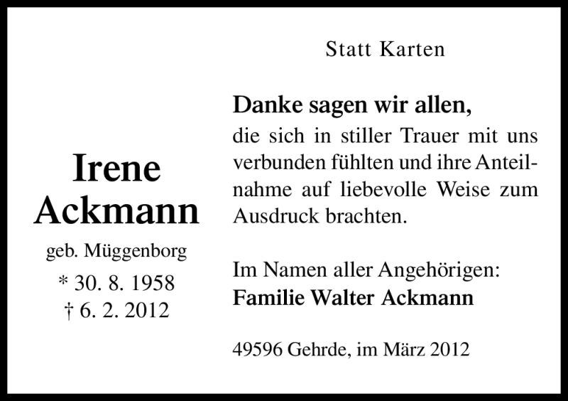  Traueranzeige für Irene Ackmann vom 10.03.2012 aus Neue Osnabrücker Zeitung