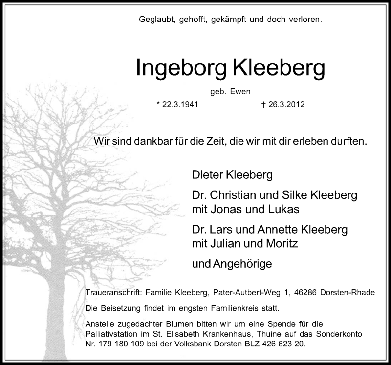  Traueranzeige für Ingeborg Kleeberg vom 31.03.2012 aus Neue Osnabrücker Zeitung GmbH & Co. KG