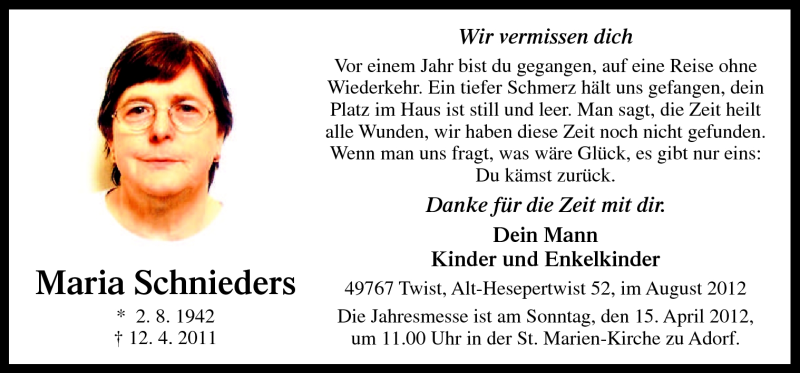  Traueranzeige für Maria Schnieders vom 12.04.2012 aus Neue Osnabrücker Zeitung GmbH & Co. KG