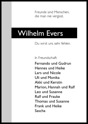 Traueranzeigen Von Wilhelm Evers Noz Trauerportal