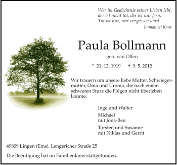 Traueranzeige von Paula Bollmann von Neue Osnabrücker Zeitung GmbH & Co. KG