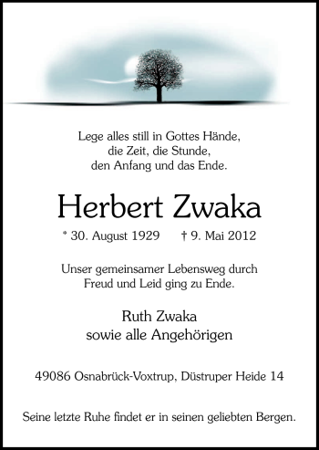 Traueranzeige von Herbert Zwaka von Neue Osnabrücker Zeitung GmbH & Co. KG
