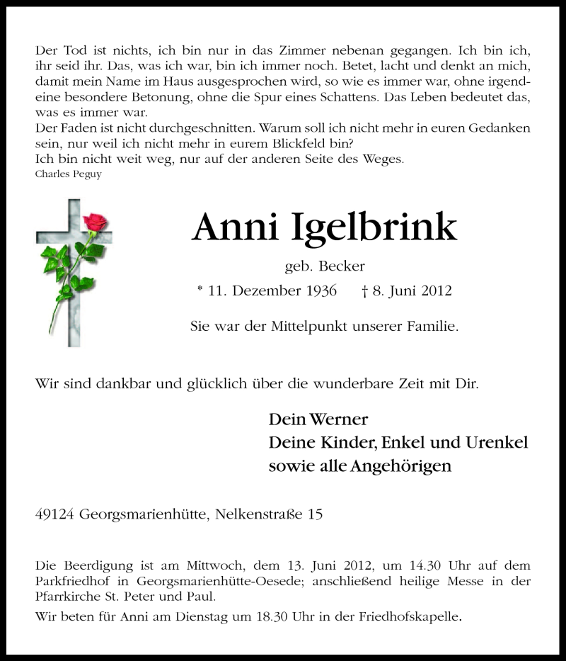  Traueranzeige für Anni Igelbrink vom 09.06.2012 aus Neue Osnabrücker Zeitung GmbH & Co. KG