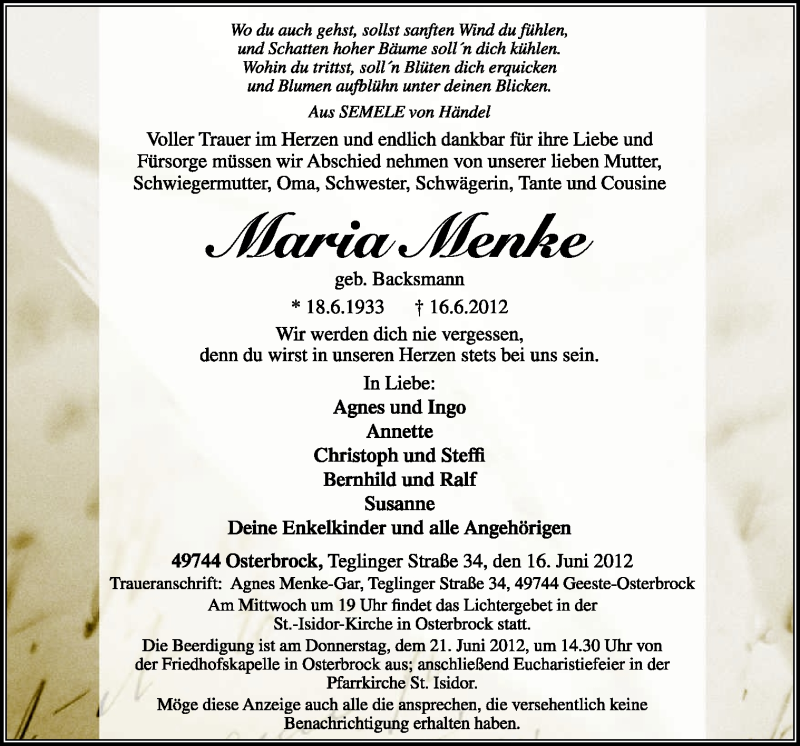  Traueranzeige für Maria Menke vom 18.06.2012 aus Neue Osnabrücker Zeitung GmbH & Co. KG