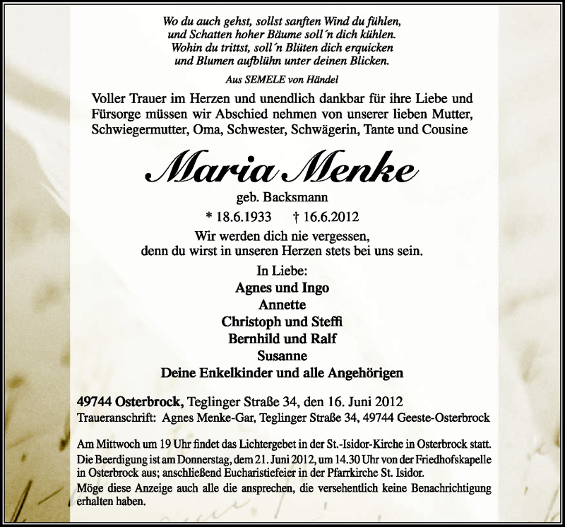  Traueranzeige für Maria Menke vom 19.06.2012 aus Neue Osnabrücker Zeitung GmbH & Co. KG