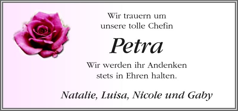  Traueranzeige für Petra Lucht vom 27.06.2012 aus Neue Osnabrücker Zeitung GmbH & Co. KG