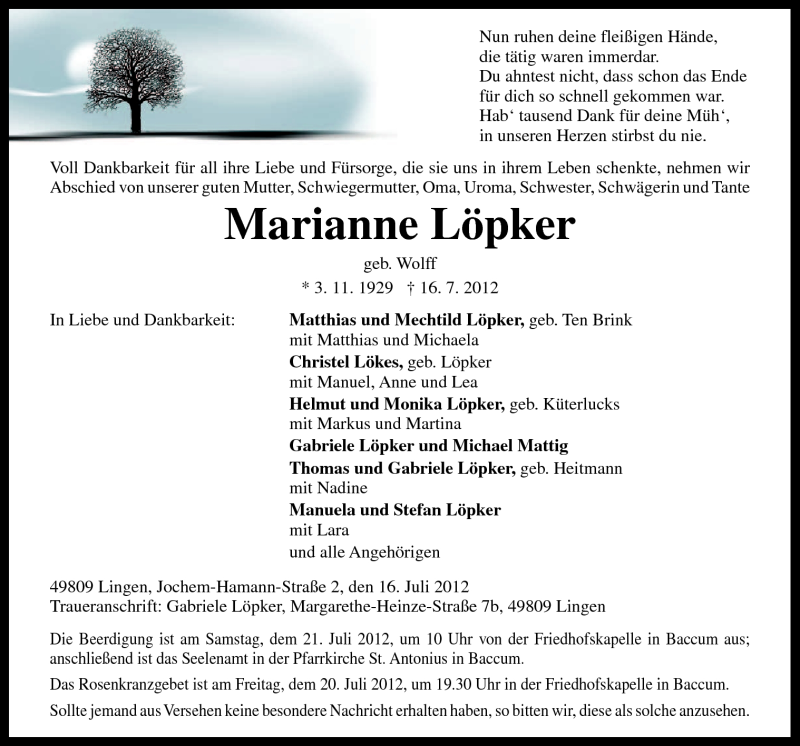  Traueranzeige für Marianne Löpker vom 18.07.2012 aus Neue Osnabrücker Zeitung GmbH & Co. KG