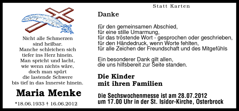  Traueranzeige für Maria Menke vom 28.07.2012 aus Neue Osnabrücker Zeitung GmbH & Co. KG