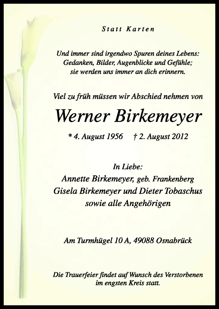  Traueranzeige für Werner Birkemeyer vom 08.08.2012 aus Neue Osnabrücker Zeitung GmbH & Co. KG