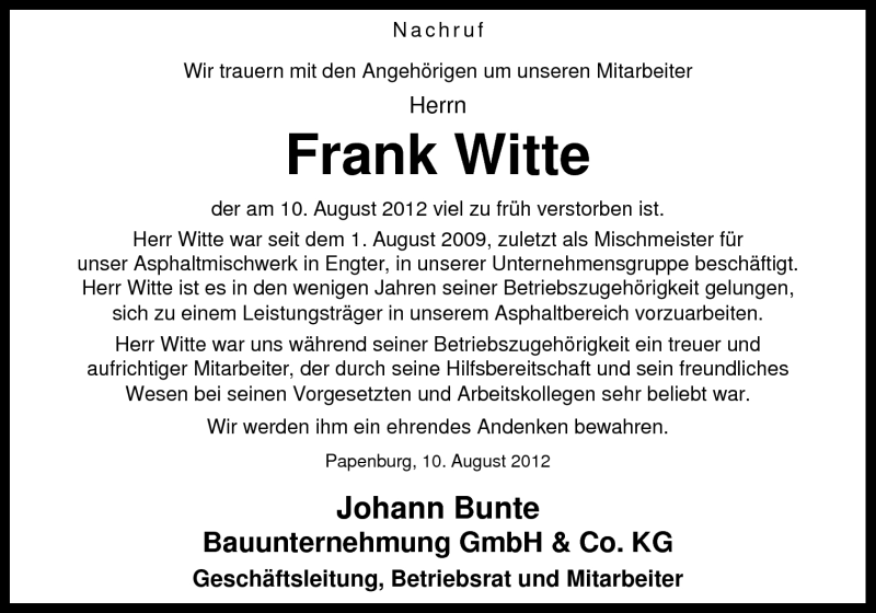  Traueranzeige für Frank Witte vom 13.08.2012 aus Neue Osnabrücker Zeitung GmbH & Co. KG